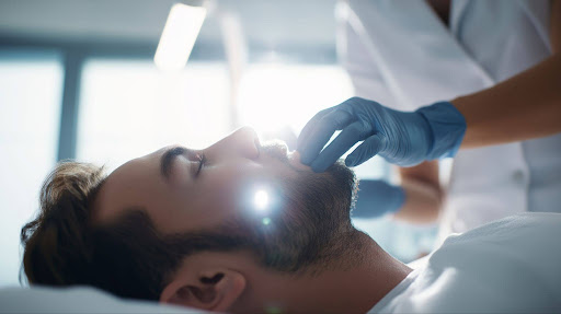 Male patient receiving aesthetic consultation for men's cosmetic treatments in Las Vegas