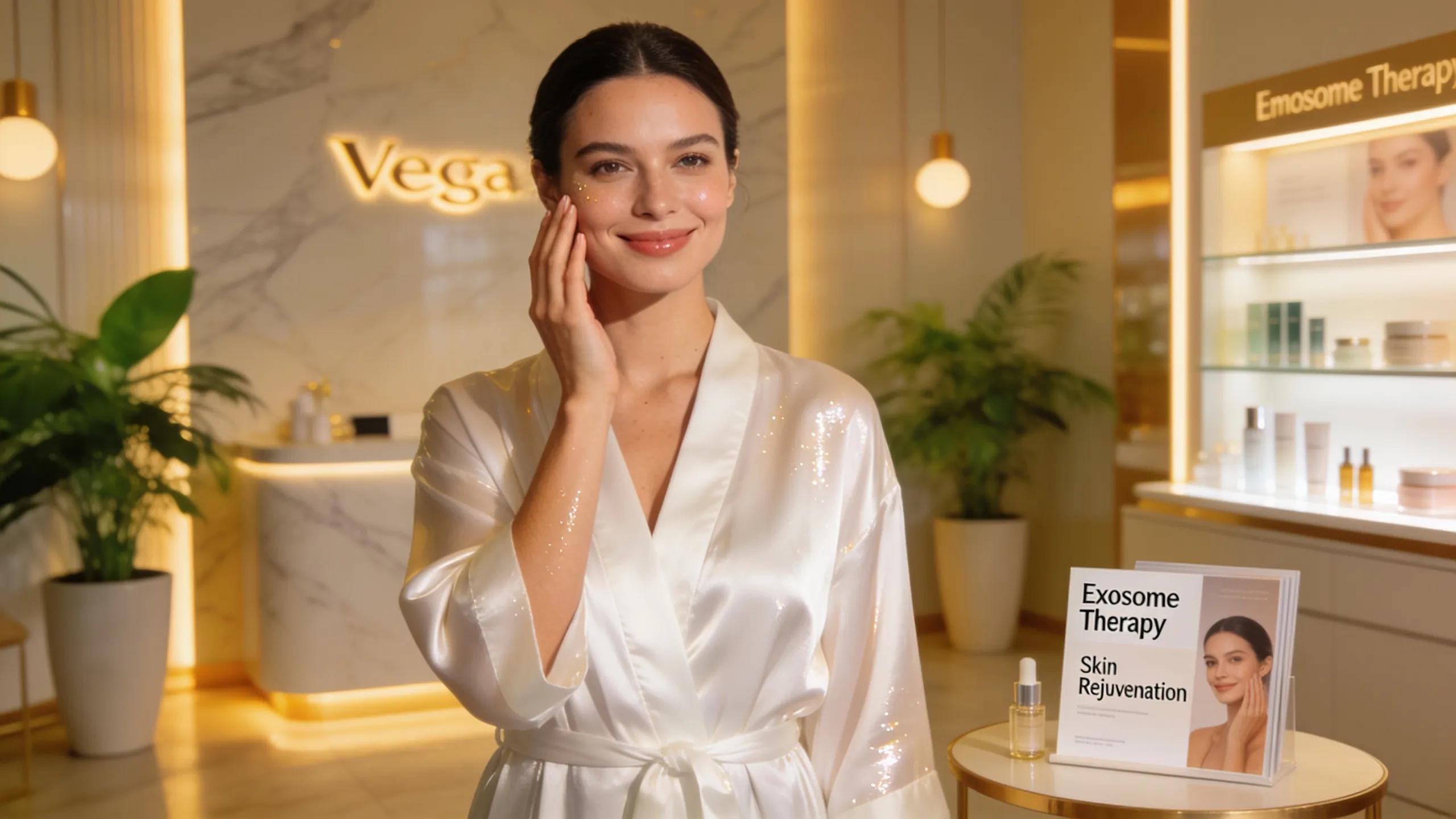 Woman with radiant skin in a modern dermatology clinic showcasing benefits of exosome therapy
