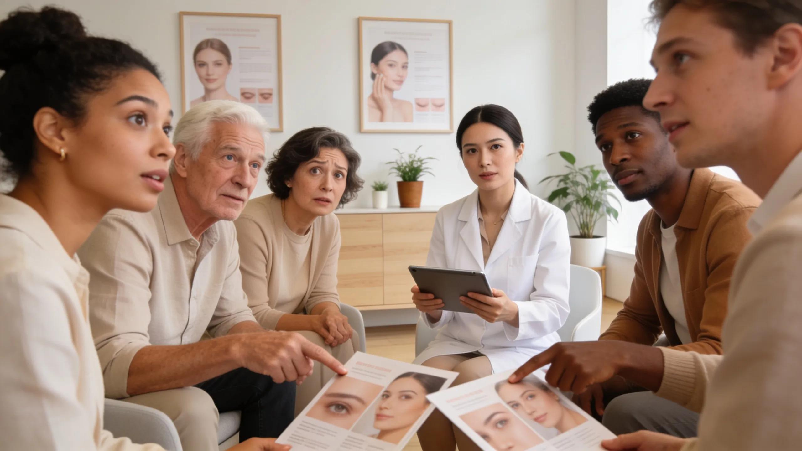Diverse group discussing personalized exosome therapy consultation in a modern dermatology office