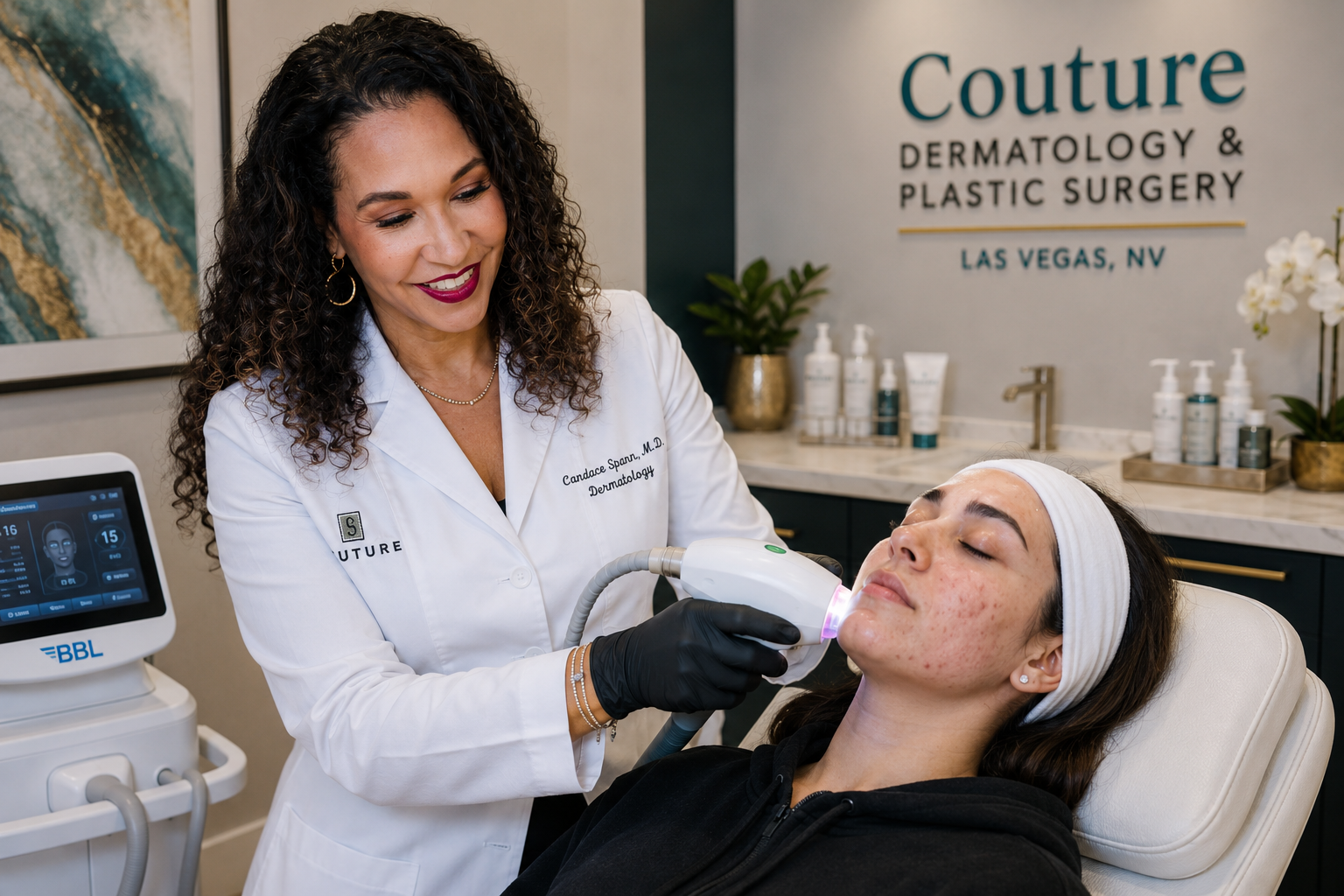 Dr. Candace Spann performing an advanced laser acne treatment on a young woman with active acne at Couture Dermatology & Plastic Surgery in Las Vegas.