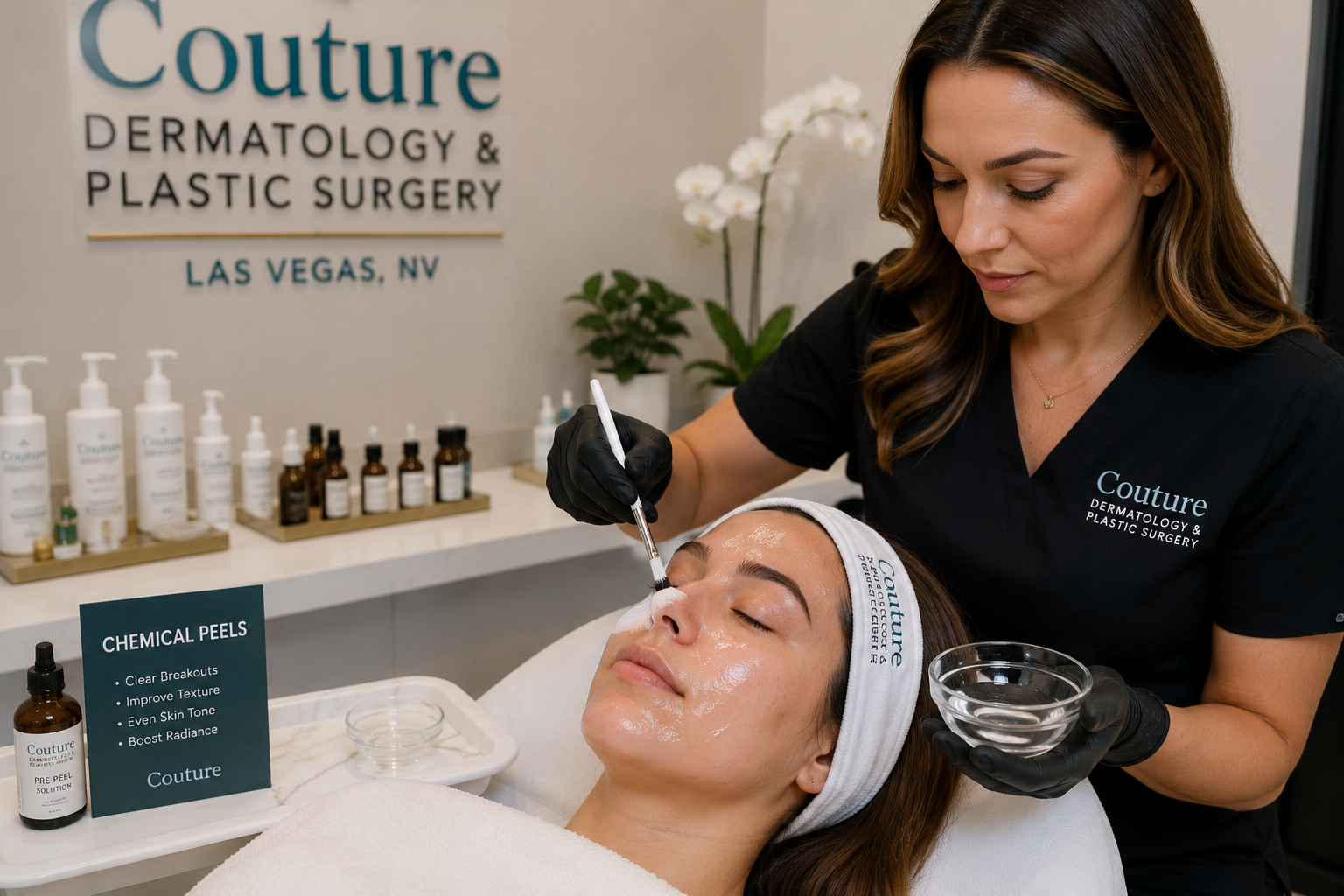 Provider performing a professional chemical peel treatment on a patient to improve acne, skin texture, and complexion at Couture Dermatology & Plastic Surgery in Las Vegas