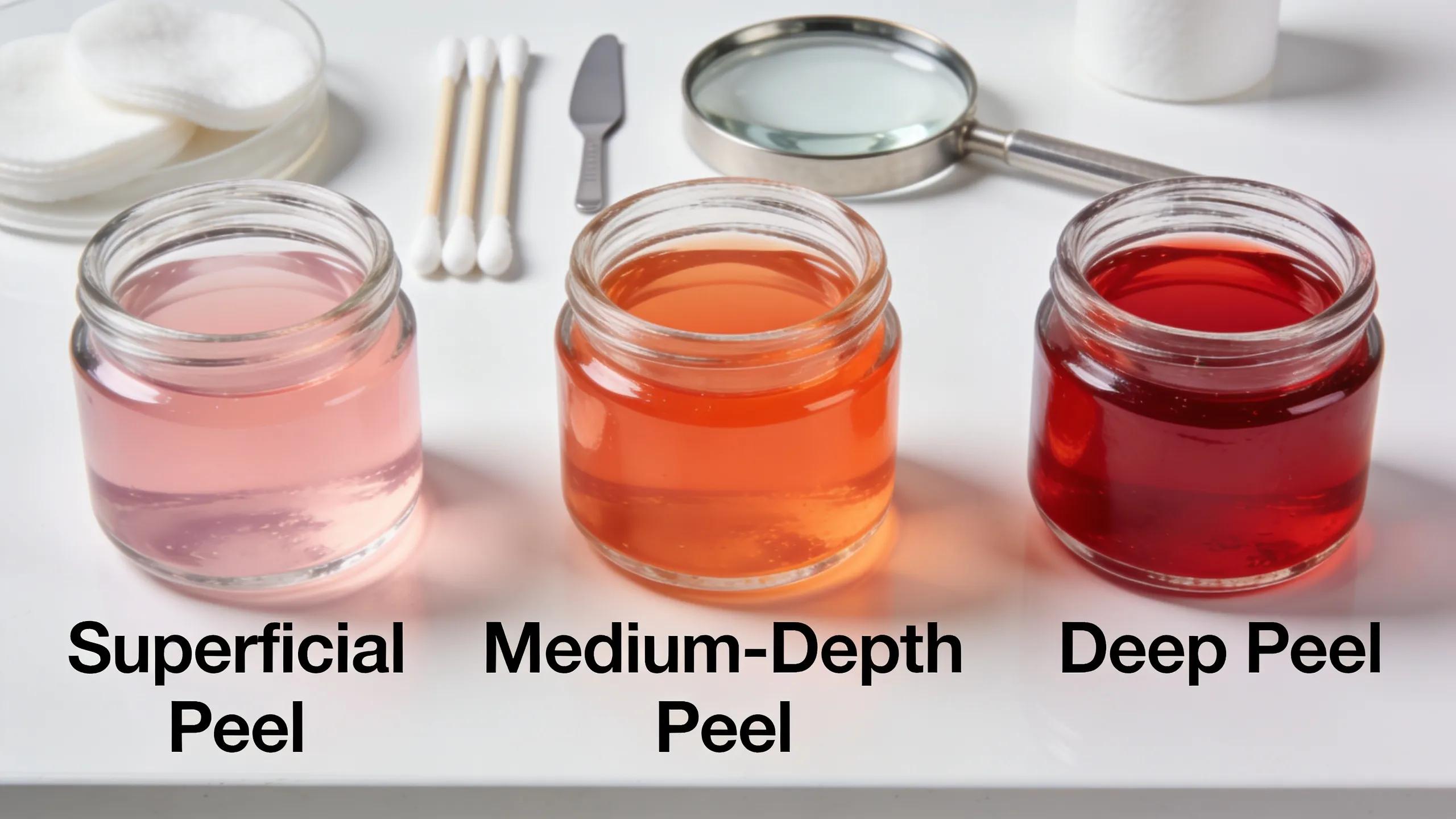Various types of chemical peels in jars on a skincare countertop