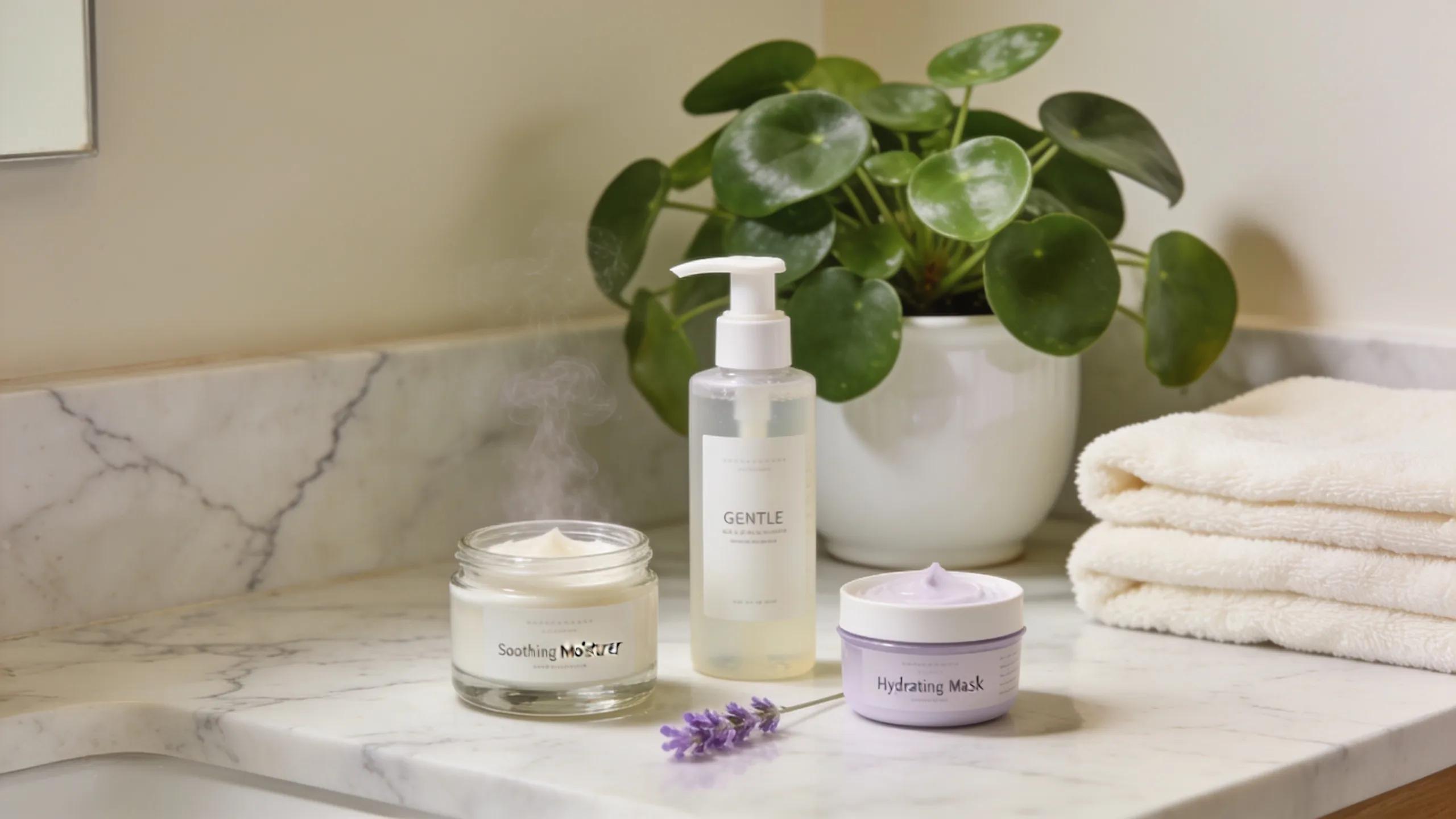 Post-treatment skincare products arranged in a soothing bathroom setting for optimal summer skin recovery