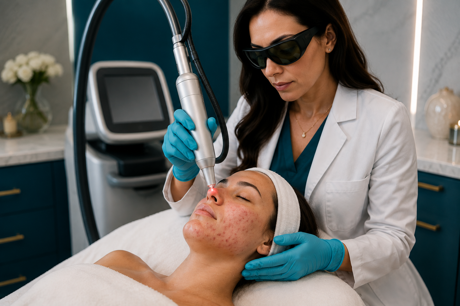 Dermatology provider performing a laser acne treatment on a female patient with active acne in a modern Las Vegas treatment room at Couture Dermatology & Plastic Surgery.