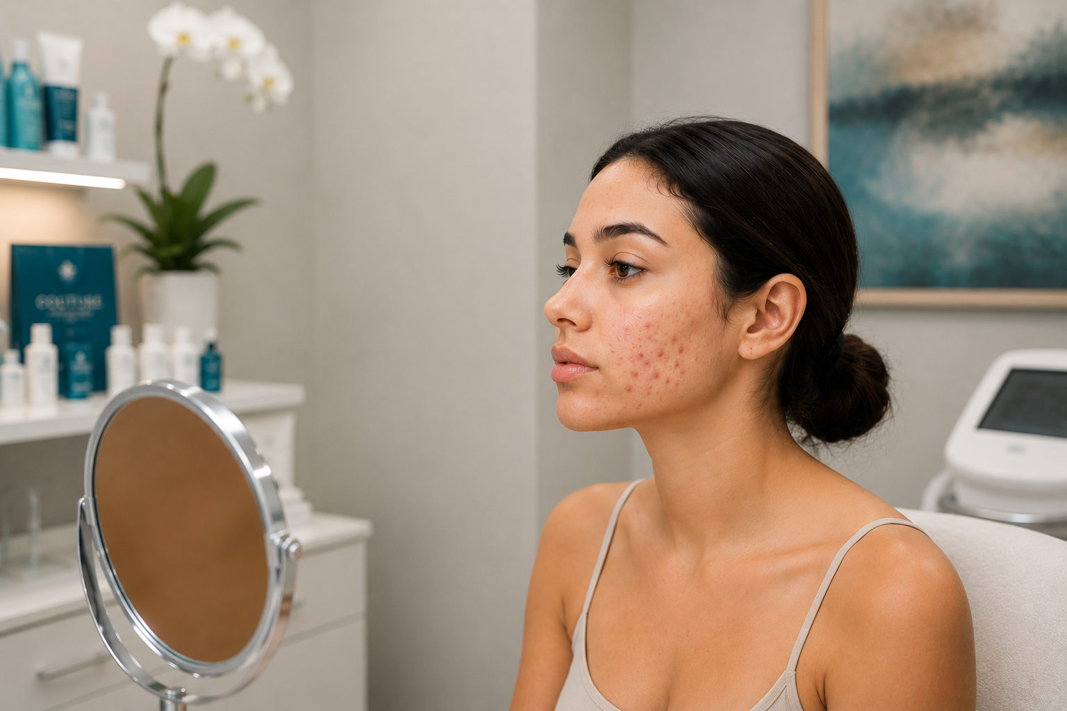 Young woman with visible acne examining her skin in a mirror at a Las Vegas dermatology clinic.