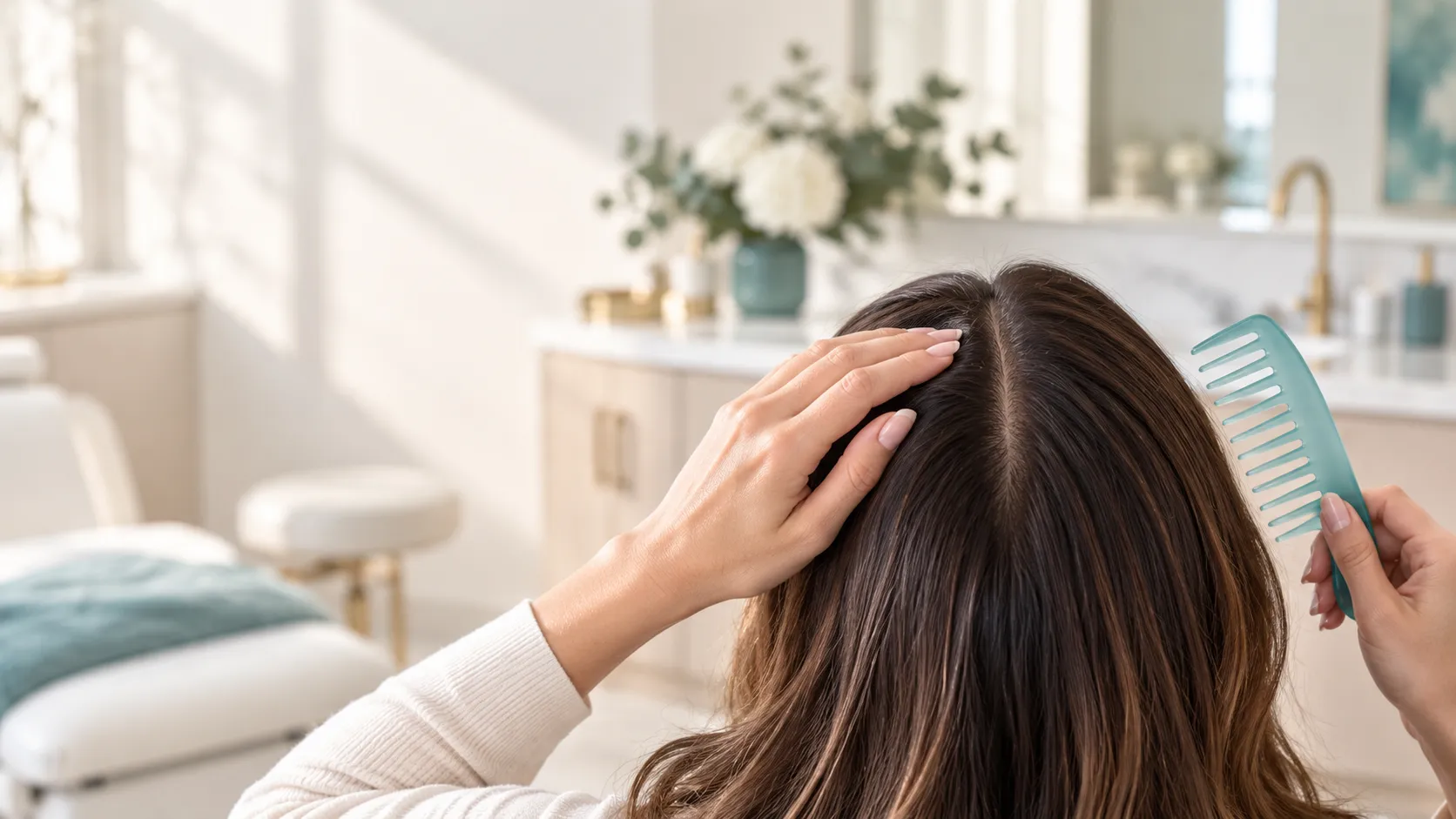 A woman's hand resting along her hair part beside a wide-tooth comb during a hair loss consultation