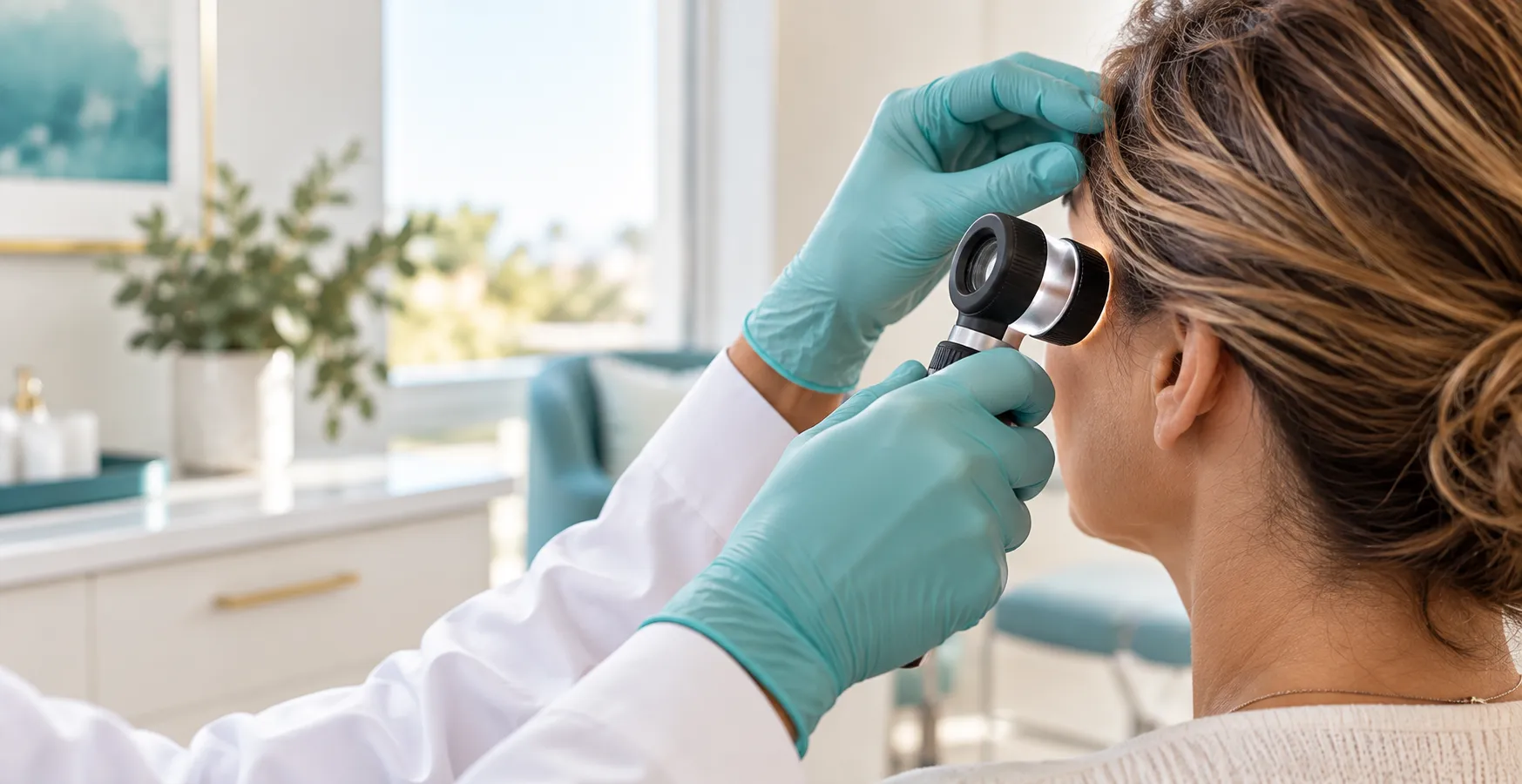 Dermatologist using a dermatoscope to examine skin near a patient's temple during a skin cancer exam in Las Vegas