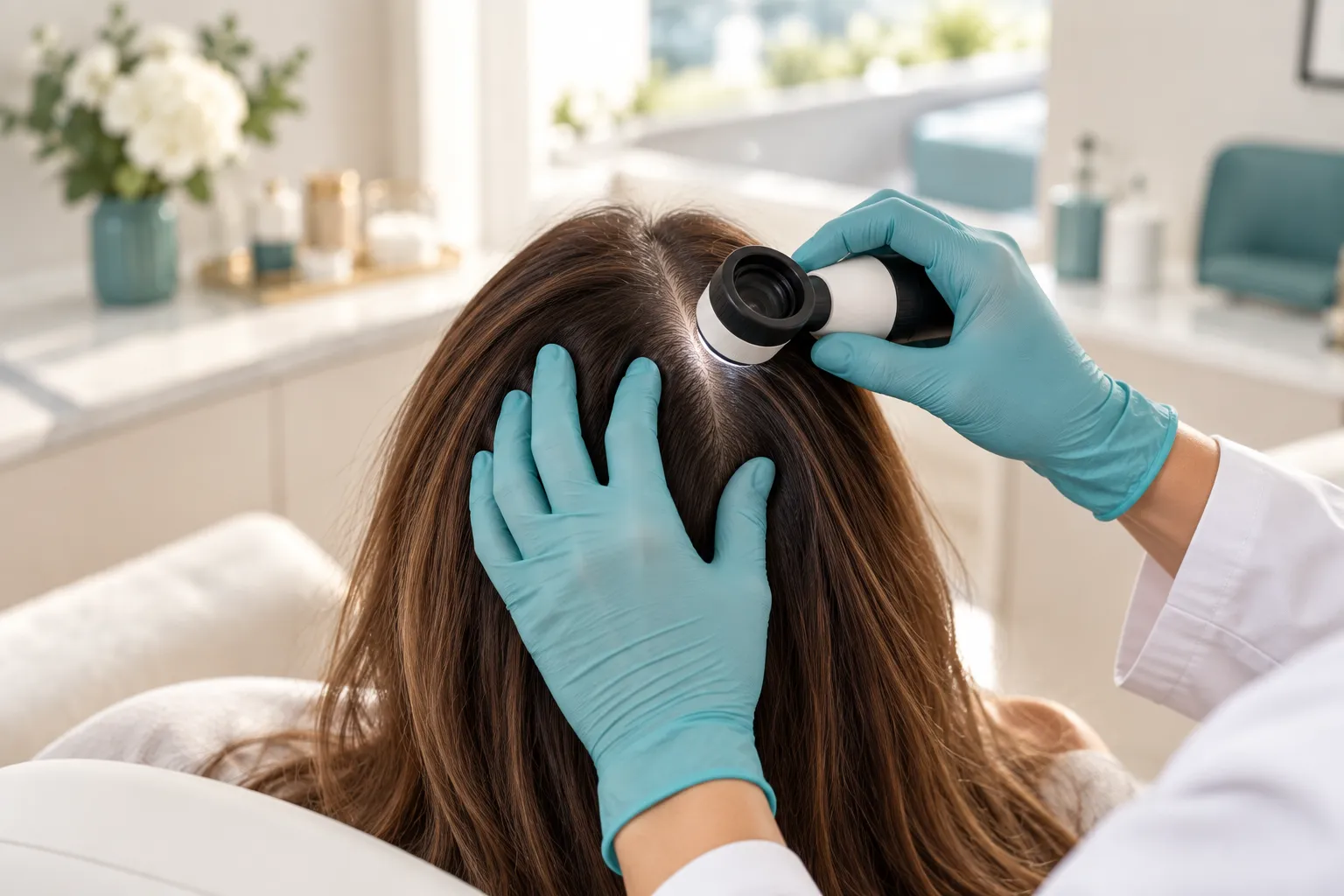 Dermatologist using a dermatoscope to examine a patient's scalp and hair part in a Las Vegas exam room