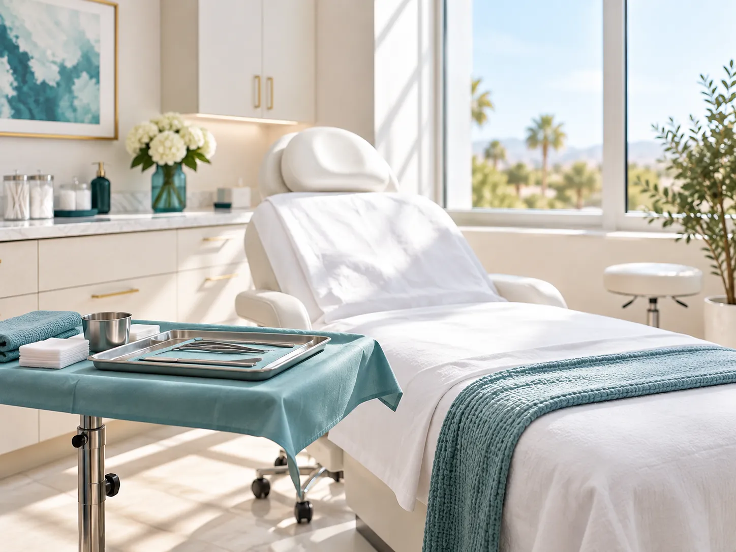 Bright procedure room with a treatment chair and white linens at a Las Vegas dermatology and plastic surgery practice