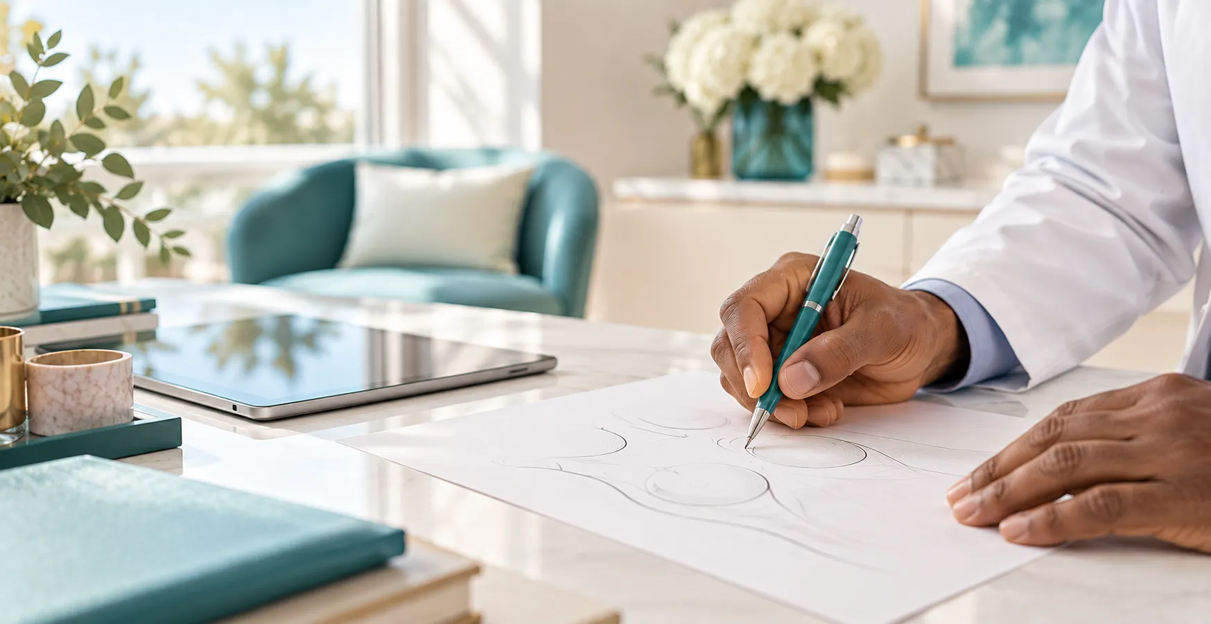 Plastic surgeon sketching a reconstruction plan on a paper diagram during a consultation in Las Vegas